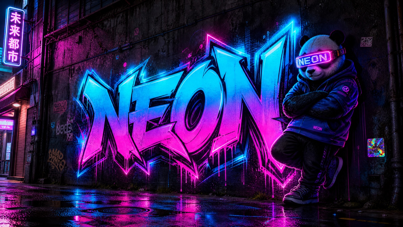 "NEON" Alley — Cyberpunk AI graffiti example